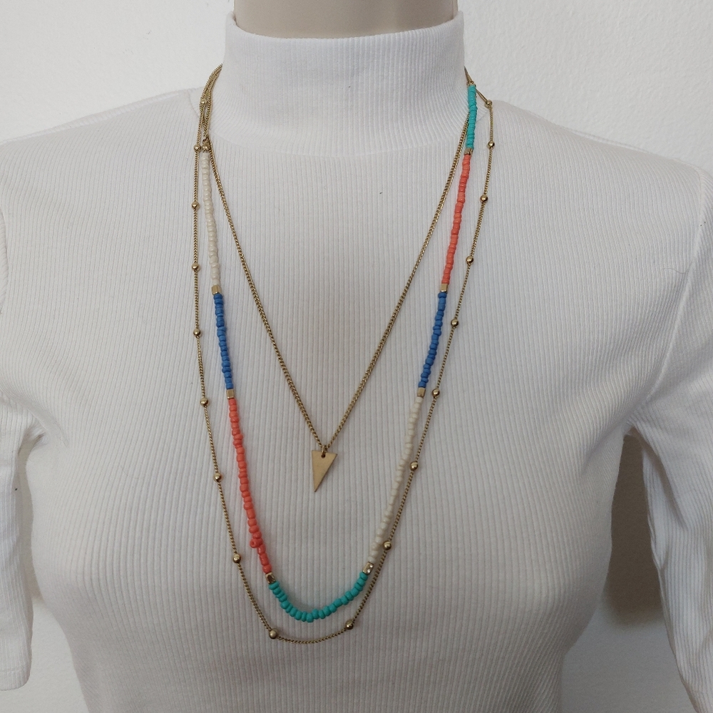 Buckle Gold Layered Necklace with Coral, Turquoise & Blue Beads